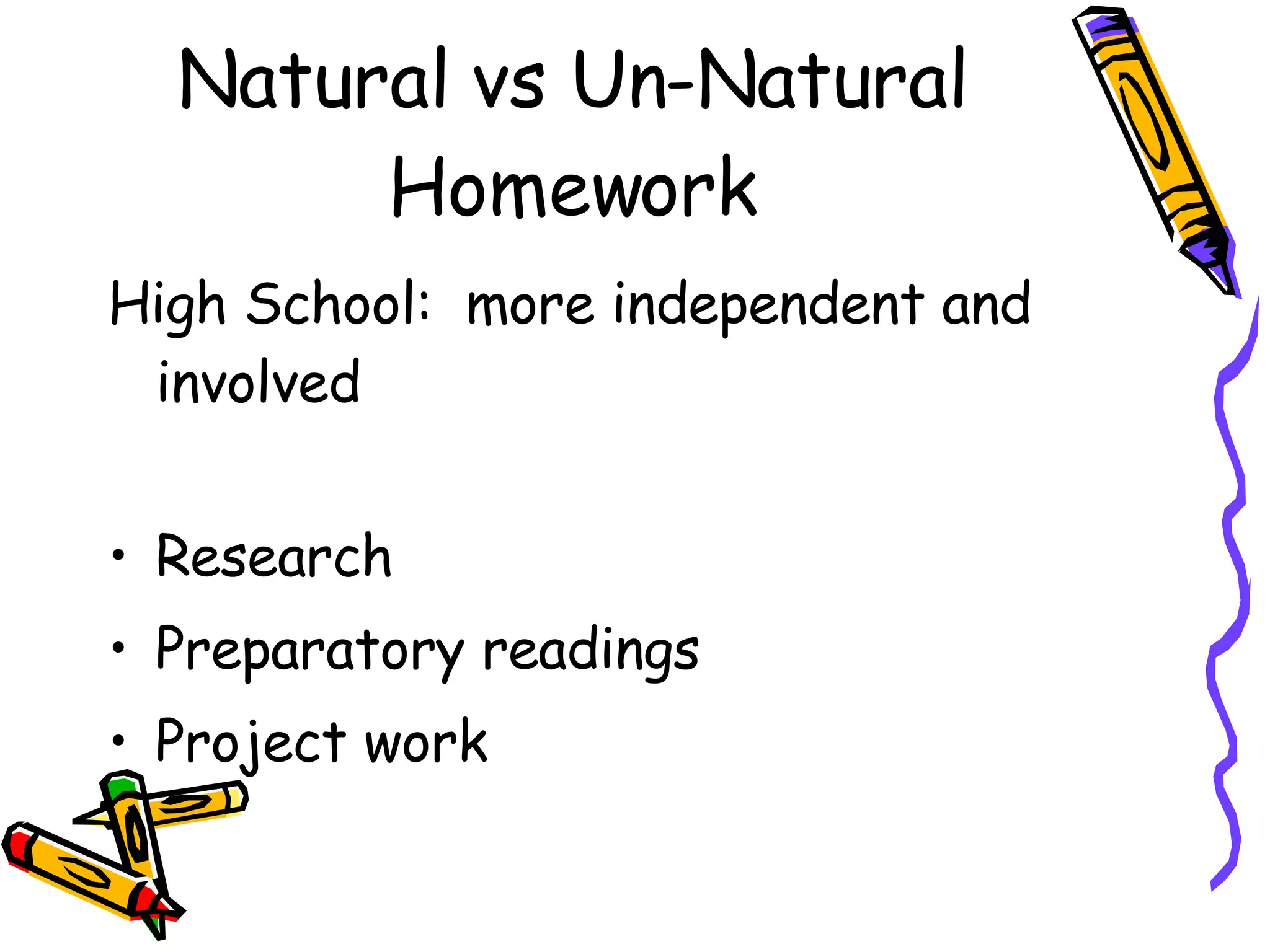 Natural vs Un-Natural Homework High School:  more independent and involved Research Preparatory readings Project work 