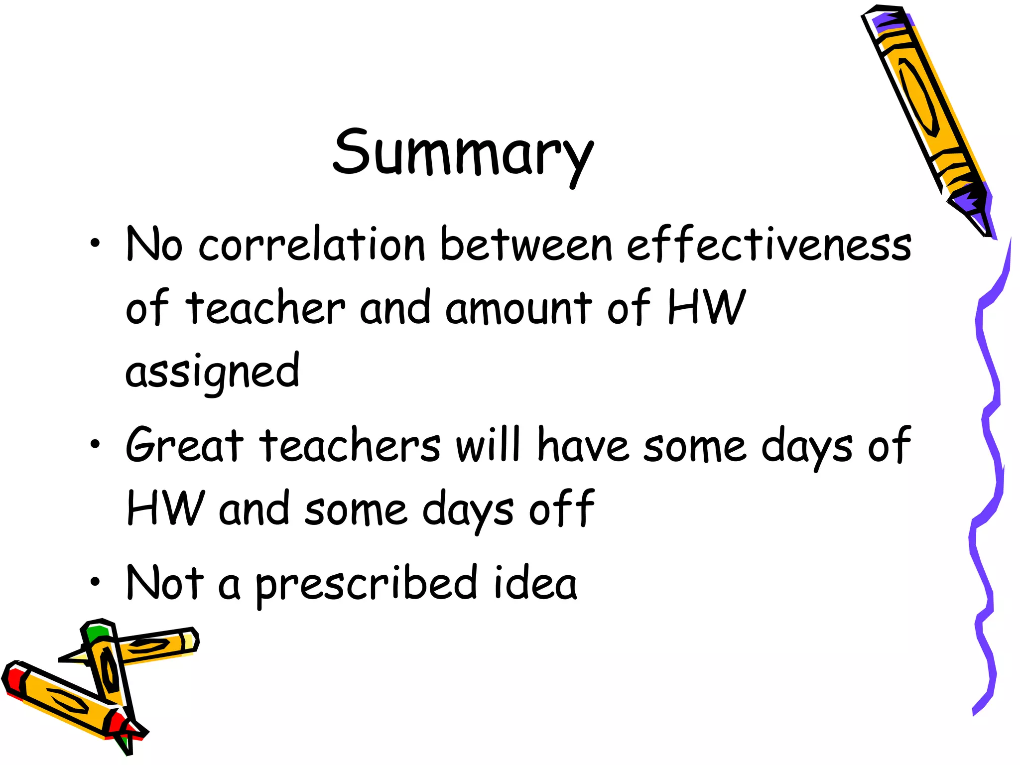Summary No correlation between effectiveness of teacher and amount of HW assigned Great teachers will have some days of HW and some days off Not a prescribed idea 
