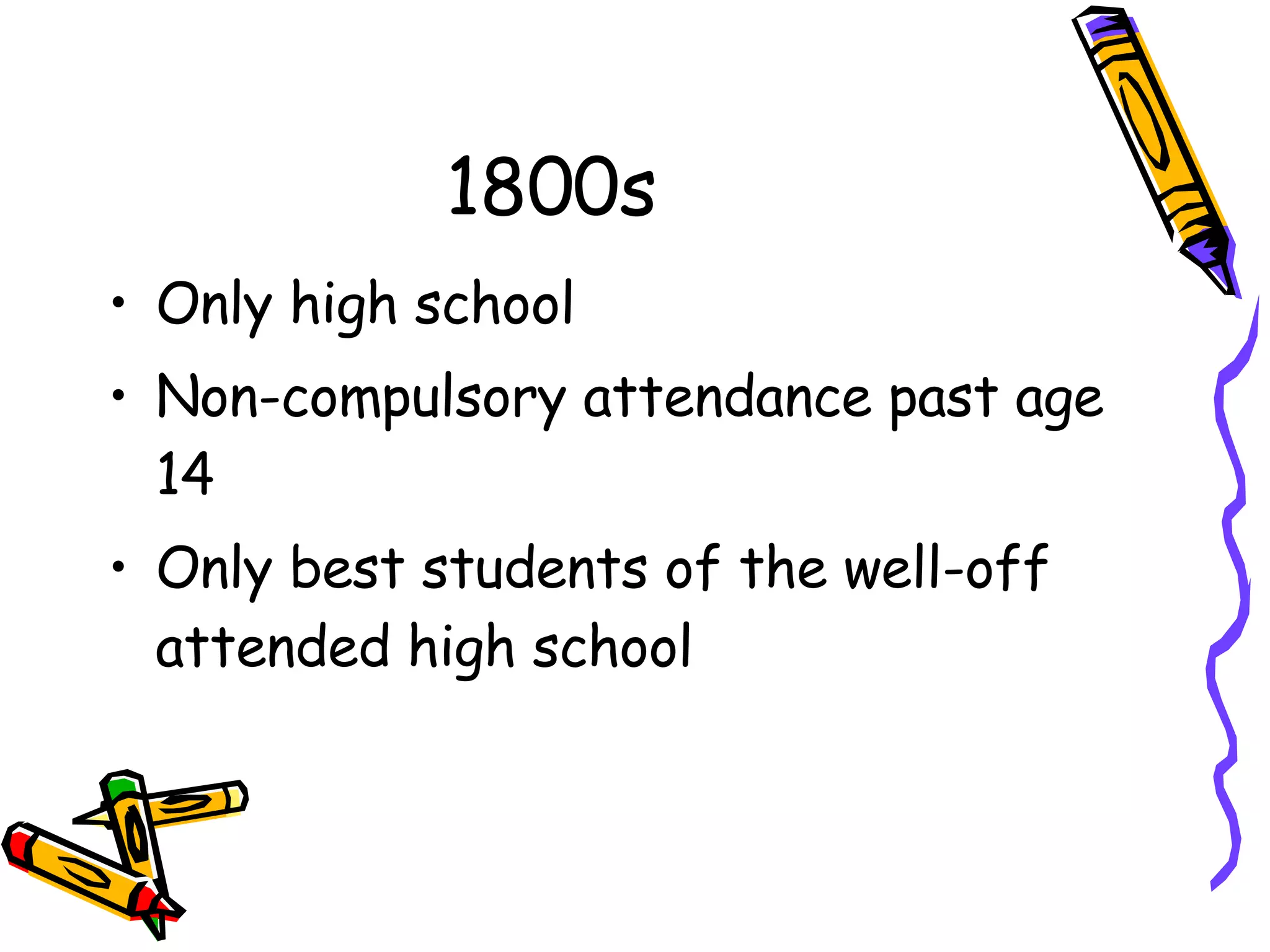 1800s Only high school Non-compulsory attendance past age 14 Only best students of the well-off attended high school 