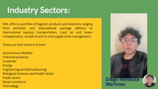 DHL offers a portfolio of logistics products and solutions ranging
from domestic and international package delivery to
international express transportation, road, air and ocean
transportation, as well as end to end supply chain management.
These are their sectors of work
Autonomous Mobility
Chemical products
Customer
Energy
Engineering and Manufacturing
Biological Sciences and Health Sector
Public sector
Retail commerce
Technology
Diego Mendoza
Martinez
Industry Sectors:
 