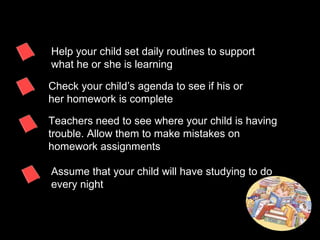 Check your child’s agenda to see if his or her homework is complete Assume that your child will have studying to do every night  Help your child set daily routines to support what he or she is learning Teachers need to see where your child is having trouble. Allow them to make mistakes on homework assignments  