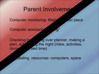 Parent Involvement Computer monitoring- filtering, public place Computer assistance- “fixing” Checking in- looking over planner, making a plan, scheduling the night (rides, activities, dinner time, bed time) Negotiating  resources- computers, space 