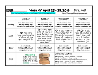 NAME:____________									Week of April 25 - 29, 2016 Mrs. Neal 	
http://school.berkeleyprep.org/lower/llinks/third/wwise3.htm																		http://bpsneal3.berkeleyprep.net										
	 MONDAY		 TUESDAY	 WEDNESDAY	 THURSDAY	
Reading	
Read	30	minutes	or	more!	
Record pages and
minutes in reading log.
Read	30	minutes	or	more!	
Record pages and
minutes in reading log.	
Read	30	minutes	or	more!	
Record pages and
minutes in reading log.	
Read	30	minutes	or	more!	
Record pages and
minutes in reading log.	
Math	
Q: How many
hours and minutes
of sleep will you
get tonight? J
Q: If Mrs. Neal
gets 6.5 hours of
sleep tonight, how
many more hours
and minutes of
sleep do you get
than her?
Q: If you read for
90 minutes Mon-Fri
this week, how many
hours of reading is
that altogether?
J	
	 FACT: If you
read 30 minutes a
night, you read
over 2.5 million
words in a year!
Go brain, go!	
	Other	
Go	to	bed	early.	
Eat a great breakfast.
	Bring	a	book	to	read.	
Go	to	bed	early.	
Eat a great breakfast.
	Bring	a	book	to	read.	
Go	to	bed	early.	
Eat a great breakfast.
	Bring	a	book	to	read.
Go	to	bed	early.	
Eat a great breakfast.
	Bring	a	book	to	read.	
Extra	
UPCOMING EVENTS:	
		
May	6-	Mother’s	Day	Tea,	requested	1:45	arrival	
May	12	–	Last	Discovery	Group	meeting	
May	26-	3rd
	Grade	End	of	the	Year	Pool	Party	(on	campus)	
May	26-	Honor’s	Night	for	4th
	and	5th
	graders	only	
May	27-	Farmers’	Day-	school	dismissed	at	11am	
	
 