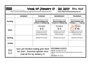 NAME:____________									Week of January 17 – 20, 2017 Mrs. Neal 	
http://school.berkeleyprep.org/lower/llinks/third/wwise3.htm																		http://bpsneal3.berkeleyprep.net											
	 MONDAY		 TUESDAY	 WEDNESDAY	 THURSDAY	
Reading	 	
Read	30	minutes	or	more!	
Record pages and
minutes in reading log.		
Read	30	minutes	or	more!	
Record pages and
minutes in reading log.	
Read	30	minutes	or	more!	
Record pages and
minutes in reading log.	
Math	 	
Homelink
5-2
Continue	to	practice	
multiplication	facts.			
Quiz	on	Wednesday.
Homelink
5-3
Continue	to	practice	
multiplication	facts.			
Quiz	on	Friday.
Homelink
5-10
Continue	to	practice	
multiplication	facts.			
Quiz	on	Friday.
Spelling	 		 Spellwell	book	pg	42	 Spellwell	book	pg	43 Spellwell	book	pg	44	
	OTHER	 		 		 	
Extra	
&	
Have you finished reading your third
Buc Book? Potential Captains must
read all five by January 27.
UPCOMING EVENTS:	
Feb	10-	Grandparents’	Day	
Feb	14-	Valentines	Day	(A	letter	will	go	home	about	this	
soon.)	
Feb	20/21-	No	school		
 