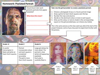 Homework: Pixelated Portrait
Chuck Close’s later work
presents portraits that appear
‘pixelated’
What does this mean?
………………………………………………
………………………………………………
………………………………………………
………………………………………………
Task: Use the grid provided to create a pixelated portrait.
1. Choose a photograph of you or a found, portrait image
2. Draw a grid of at least 15x15 squares over the top
3. Number the rows and columns
4. Decide on the dominant colour or tone in each square
5. Only use this colour or tone to shade in the corresponding
square on the grid provided (you can choose any media)
This is the same process as the class work you did at the start of the
project however, some of you may want to experiment further with
the process.
Circles in
each
square
Each
‘pixel’ is a
pattern
Each
‘pixel’ is a
jellybean
/skittle
Grade <2 Grade 3 Grade 4<
A careful
transcription in
black and white at
least 15x15 squares.
Portrait
incorporates colour
and each square is
completed
accurately.
The grid is more
than 15x15 squares
Large grid allows for
more detail. The
portrait is clear
whilst still appearing
pixelated.
Each pixel is
carefully filled in.
 