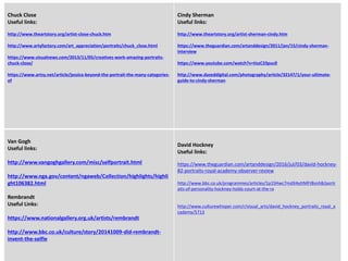 Chuck Close
Useful links:
http://www.theartstory.org/artist-close-chuck.htm
http://www.artyfactory.com/art_appreciation/portraits/chuck_close.html
https://www.visualnews.com/2013/11/05/creatives-work-amazing-portraits-
chuck-close/
https://www.artsy.net/article/jessica-beyond-the-portrait-the-many-categories-
of
Cindy Sherman
Useful links:
http://www.theartstory.org/artist-sherman-cindy.htm
https://www.theguardian.com/artanddesign/2011/jan/15/cindy-sherman-
interview
https://www.youtube.com/watch?v=tiszC33puc0
http://www.dazeddigital.com/photography/article/32147/1/your-ultimate-
guide-to-cindy-sherman
Van Gogh
Useful links:
http://www.vangoghgallery.com/misc/selfportrait.html
http://www.nga.gov/content/ngaweb/Collection/highlights/highli
ght106382.html
Rembrandt
Useful Links:
https://www.nationalgallery.org.uk/artists/rembrandt
http://www.bbc.co.uk/culture/story/20141009-did-rembrandt-
invent-the-selfie
David Hockney
Useful links:
https://www.theguardian.com/artanddesign/2016/jul/03/david-hockney-
82-portraits-royal-academy-observer-review
http://www.bbc.co.uk/programmes/articles/1p1SHwc7mdX4yttMFtBsnhB/portr
aits-of-personality-hockney-holds-court-at-the-ra
http://www.culturewhisper.com/r/visual_arts/david_hockney_portraits_royal_a
cademy/5713
 