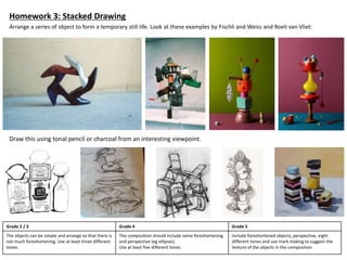Homework 3: Stacked Drawing
Arrange a series of object to form a temporary still life. Look at these examples by Fischli and Weiss and Roeli van Vliet:
Draw this using tonal pencil or charcoal from an interesting viewpoint.
Grade 2 / 3 Grade 4 Grade 5
The objects can be simple and arrange so that there is
not much foreshortening. Use at least three different
tones.
The composition should include some foreshortening
and perspective (eg ellipses).
Use at least five different tones.
Include foreshortened objects, perspective, eight
different tones and use mark making to suggest the
texture of the objects in the composition.
 