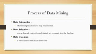 Process of Data Mining
• Data Integration –
• where multiple data source may be combined.
• Data Selection –
• where data relevant to the analysis task are retrieved from the database.
• Data Cleaning-
• to remove noise and inconsistent data
 