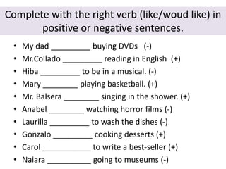 Complete with the right verb (like/woud like) in
positive or negative sentences.
• My dad _________ buying DVDs (-)
• Mr.Collado _________ reading in English (+)
• Hiba _________ to be in a musical. (-)
• Mary ________ playing basketball. (+)
• Mr. Balsera ________ singing in the shower. (+)
• Anabel ________ watching horror films (-)
• Laurilla _________ to wash the dishes (-)
• Gonzalo _________ cooking desserts (+)
• Carol ___________ to write a best-seller (+)
• Naiara __________ going to museums (-)
 