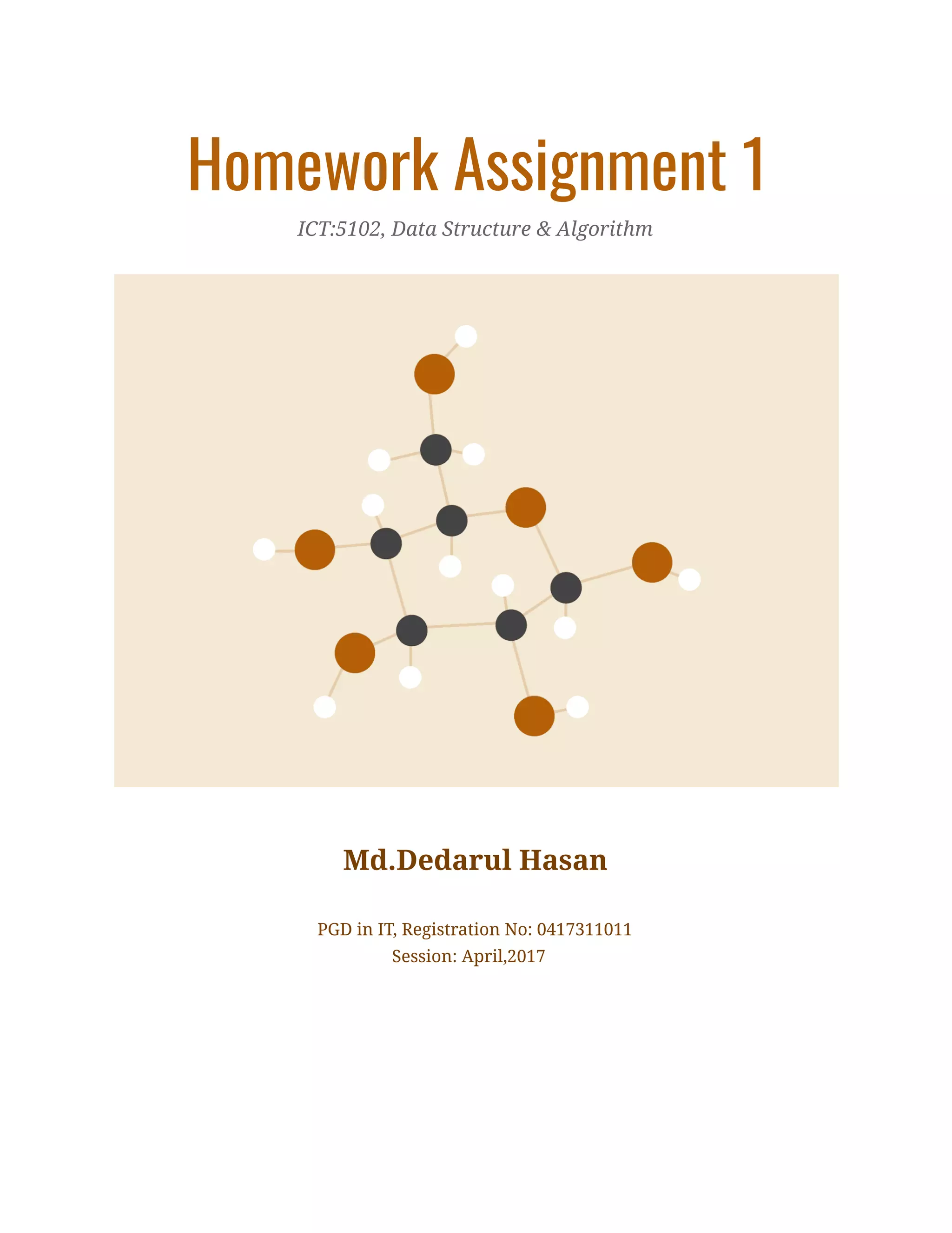 Homework Assignment 1 
ICT:5102, Data Structure & Algorithm 
 
Md.Dedarul Hasan 
PGD in IT, Registration No: 0417311011 
Session: April,2017 
 
 
 
 
 
 