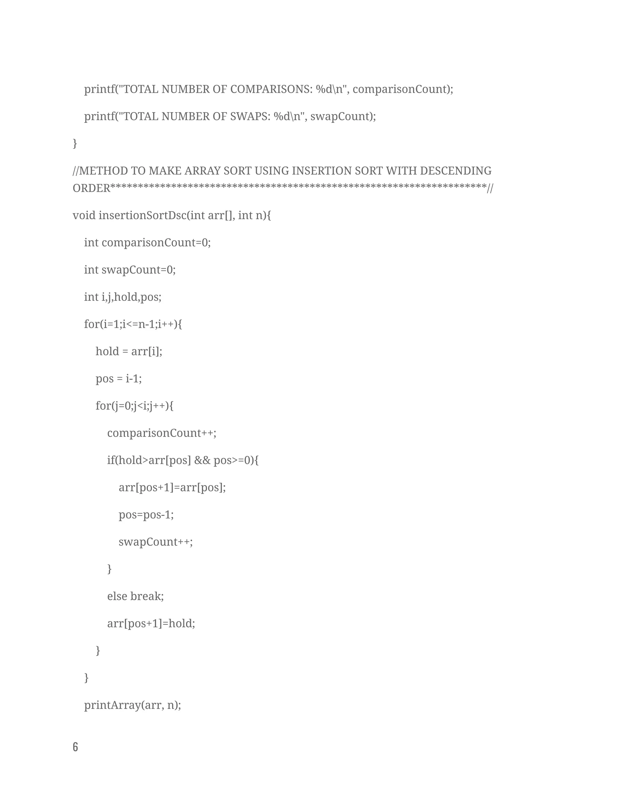 printf("TOTAL NUMBER OF COMPARISONS: %dn", comparisonCount); 
printf("TOTAL NUMBER OF SWAPS: %dn", swapCount); 
} 
//METHOD TO MAKE ARRAY SORT USING INSERTION SORT WITH DESCENDING 
ORDER********************************************************************// 
void insertionSortDsc(int arr[], int n){ 
int comparisonCount=0; 
int swapCount=0; 
int i,j,hold,pos; 
for(i=1;i<=n-1;i++){ 
hold = arr[i]; 
pos = i-1; 
for(j=0;j<i;j++){ 
comparisonCount++; 
if(hold>arr[pos] && pos>=0){ 
arr[pos+1]=arr[pos]; 
pos=pos-1; 
swapCount++; 
} 
else break; 
arr[pos+1]=hold; 
} 
} 
printArray(arr, n); 
6   
 