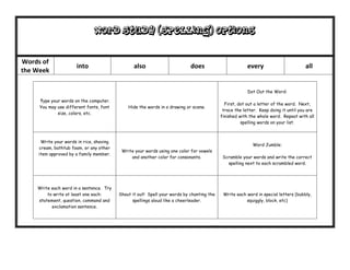 Word Study (Spelling) options


Words of
                      into                      also                       does                        every                       all
the Week

                                                                                                       Dot Out the Word:

     Type your words on the computer.
                                                                                            First, dot out a letter of the word. Next,
     You may use different fonts, font       Hide the words in a drawing or scene.
                                                                                           trace the letter. Keep doing it until you are
             size, colors, etc.
                                                                                          finished with the whole word. Repeat with all
                                                                                                    spelling words on your list.



     Write your words in rice, shaving
                                                                                                         Word Jumble:
    cream, bathtub foam, or any other
                                          Write your words using one color for vowels
    item approved by a family member.
                                              and another color for consonants.            Scramble your words and write the correct
                                                                                             spelling next to each scrambled word.




    Write each word in a sentence. Try
        to write at least one each:      Shout it out! Spell your words by chanting the    Write each word in special letters (bubbly,
    statement, question, command and           spellings aloud like a cheerleader.                    squiggly, block, etc)
          exclamation sentence.
 