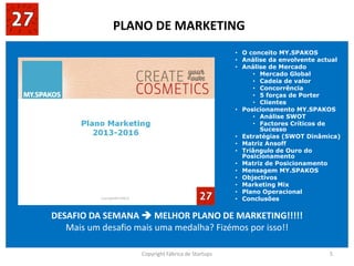 Copyright Fábrica de Startups 5
PLANO DE MARKETING
• O conceito MY.SPAKOS
• Análise da envolvente actual
• Análise de Mercado
• Mercado Global
• Cadeia de valor
• Concorrência
• 5 forças de Porter
• Clientes
• Posicionamento MY.SPAKOS
• Análise SWOT
• Factores Críticos de
Sucesso
• Estratégias (SWOT Dinâmica)
• Matriz Ansoff
• Triângulo de Ouro do
Posicionamento
• Matriz de Posicionamento
• Mensagem MY.SPAKOS
• Objectivos
• Marketing Mix
• Plano Operacional
• Conclusões
DESAFIO DA SEMANA  MELHOR PLANO DE MARKETING!!!!!
Mais um desafio mais uma medalha? Fizémos por isso!!
 