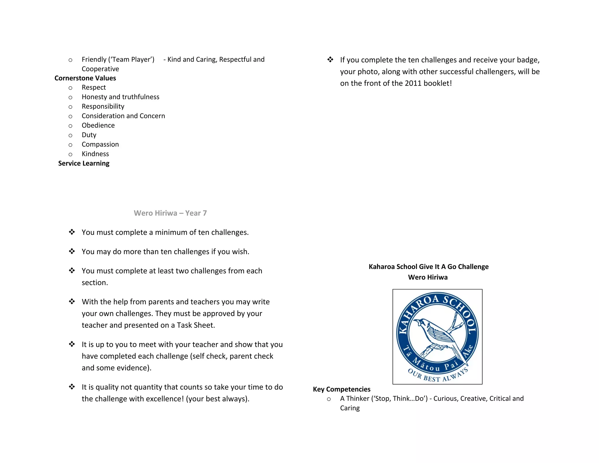 o    Friendly (‘Team Player’) - Kind and Caring, Respectful and         If you complete the ten challenges and receive your badge,
         Cooperative                                                         your photo, along with other successful challengers, will be
Cornerstone Values
    o Respect
                                                                             on the front of the 2011 booklet!
    o Honesty and truthfulness
    o Responsibility
    o Consideration and Concern
    o Obedience
    o Duty
    o Compassion
    o Kindness
 Service Learning




                         Wero Hiriwa – Year 7

     You must complete a minimum of ten challenges.

     You may do more than ten challenges if you wish.
                                                                                        Kaharoa School Give It A Go Challenge
     You must complete at least two challenges from each
                                                                                                   Wero Hiriwa
      section.

     With the help from parents and teachers you may write
      your own challenges. They must be approved by your
      teacher and presented on a Task Sheet.

     It is up to you to meet with your teacher and show that you
      have completed each challenge (self check, parent check
      and some evidence).

     It is quality not quantity that counts so take your time to do   Key Competencies
      the challenge with excellence! (your best always).                   o A Thinker (‘Stop, Think…Do’) - Curious, Creative, Critical and
                                                                              Caring
 