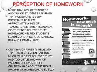 PERCEPTION OF HOMEWORK
• MORE THAN 80% OF TEACHERS
AND 77% OF STUDENTS AFFIRMED
THAT HOMEWORK IS VERY
IMPORTANT TO THEM;
APPROXIMATELY 90% OF
TEACHERS AND PARENTS AND 69%
OF STUDENTS BELIEVED THAT
HOMEWORK HELPED STUDENTS
LEARN MORE IN SCHOOL (MARKOW,
KIM, AND LIEBMAN 2007)
• ONLY 10% OF PARENTS BELIEVED
THAT THEIR CHILDREN HAD TOO
MUCH, WHILE 25% BELIEVED THEY
HAD TOO LITTLE, AND 64% OF
PARENTS BELIEVED THEIR
CHILDREN HAD ABOUT THE RIGHT
AMOUNT OF HOMEWORK (GILL &
 