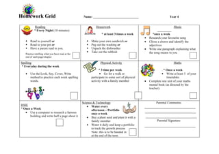 Homework Grid                                      Name: _____________________________                             Year 4


            Reading                                          Housework                                                Music
           * Every Night (10 minutes)
                                                                 * at least 3 times a week             *once a week
                                                                                                •   Research your favourite song
      Read to yourself or                              Make your own sandwich or              •   Chose a chores and identify the
      Read to your pet or                              Peg out the washing or                     adjectives
      Have a parent read to you.                       Unpack the dishwasher                  •   Write one paragraph explaining what
                                                        Take out the rubbish                       the song means to you
   Practise retelling what you have read at the
   end of each page/chapter.

Spelling                                                        Physical Activity                                     Maths
* Everyday during the week
                                                               * 3 time per week                              . * Once a week
   •   Use the Look, Say, Cover, Write                          • Go for a walk or                            • Write at least 3 of your
       method to practice each week spelling             participate in some sort of physical                     timetables
       words.                                            activity with a family member          •   Complete one unit of your maths
                                                                                                    mental book (as directed by the
                                                                                                    teacher).



                                                  Science & Technology                                   Parental Comments:
HSIE                                                  • Water every
* Once a Week                                            afternoon – Portfolio
   • Use a computer to research a famous                 once a week
      building and write half a page about it         • Buy a plant seed and plant it with a
                                                         family member                                   Parental Signature:
                                                      • Water it daily and keep a portfolio
                                                         to track the growth process
                                                         Note: this is to be handed in
                                                         at the end of the term
 