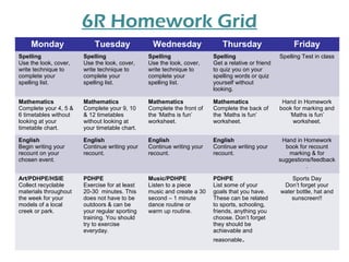 6R Homework Grid
Monday Tuesday Wednesday Thursday Friday
Spelling
Use the look, cover,
write technique to
complete your
spelling list.
Spelling
Use the look, cover,
write technique to
complete your
spelling list.
Spelling
Use the look, cover,
write technique to
complete your
spelling list.
Spelling
Get a relative or friend
to quiz you on your
spelling words or quiz
yourself without
looking.
Spelling Test in class
Mathematics
Complete your 4, 5 &
6 timetables without
looking at your
timetable chart.
Mathematics
Complete your 9, 10
& 12 timetables
without looking at
your timetable chart.
Mathematics
Complete the front of
the ‘Maths is fun’
worksheet.
Mathematics
Complete the back of
the ‘Maths is fun’
worksheet.
Hand in Homework
book for marking and
‘Maths is fun’
worksheet.
English
Begin writing your
recount on your
chosen event.
English
Continue writing your
recount.
English
Continue writing your
recount.
English
Continue writing your
recount.
Hand in Homework
book for recount
marking & for
suggestions/feedback
.
Art/PDHPE/HSIE
Collect recyclable
materials throughout
the week for your
models of a local
creek or park.
PDHPE
Exercise for at least
20-30 minutes. This
does not have to be
outdoors & can be
your regular sporting
training. You should
try to exercise
everyday.
Music/PDHPE
Listen to a piece
music and create a 30
second – 1 minute
dance routine or
warm up routine.
PDHPE
List some of your
goals that you have.
These can be related
to sports, schooling,
friends, anything you
choose. Don’t forget
they should be
achievable and
reasonable.
Sports Day
Don’t forget your
water bottle, hat and
sunscreen!!
 