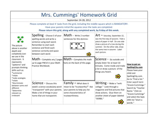 Mrs. Cummings' Homework Grid
                                                                September 24-28, 2012
                       Please complete at least 4 tasks from the grid, including the middle square which is MANDATORY.
                                      Have your parents initial the squares once the tasks are completed.
                                Please return this grid, along with any completed work, by Friday of this week.

                         Spelling - Choose 5 of your Math – Write 2 number                    Art – Saturday, September 22,
                         spelling words and write a         sentences for this domino:        was the first day of autumn. Fold a
                         sentence using each word.                                            piece of paper in half. On one side
                         Remember to start each                                               draw a picture of a tree during the
    The picture
                                                                                              summer. On the other side, draw
    above is another     sentence and finish each
                                                                                              the same tree in autumn. Label
    depth and            sentence correctly and space
                                                                                              each picture.
    complexity icon      between each word.
    we use in the
    classroom. It        Math – Complete any 2 pages Math – Complete the math Science -                        Go outside and
    represents           up to page PW14 in your Math       facts on the back of this page.   simply listen for at least 10
    "patterns" and                                                                                                            How to get on
                         Practice Workbook.                                                   minutes. Come inside and make
    prompts thinking                                                                                                          SpellingCity.com
                                                                                              a list or draw a picture of the
    skills such as:                                                                                                           Please have your
                                                                                              things you heard .
    *summarize                                                                                                                child visit
    *relate                                                                                                                   SpellingCity.com.
    *make analogies
                                                                                                                              Go to “Find a list.”
    *relate
                                                                                                                              Enter search term
    *discriminate        Science - Discuss this             Family – What does it             Writing -        Make a "verb
                                                                                                                              "Gracie Cummings."
    between same and
                         week's science vocabulary word     mean to be "trustworthy?" Ask     collage." Look through a
    different                                                                                                                 Search by "Teacher
    *determine           "transparent" with your parents.   your parents to help you list     magazine and find pictures that
                                                                                                                              Name." Click on
    relevant vs.         Make a list of things in your      some characterisitics of          show actions. Glue them on
                                                                                                                              “Gracie Cummings”
    irrelevant           home that are transparent.         trustworthiness.                  another sheet of paper labeled
                                                                                                                              and select the Sept.
                                                                                              "VERBS."
                                                                                                                              24th list "short o
                                                                                                                              words."
.
 
