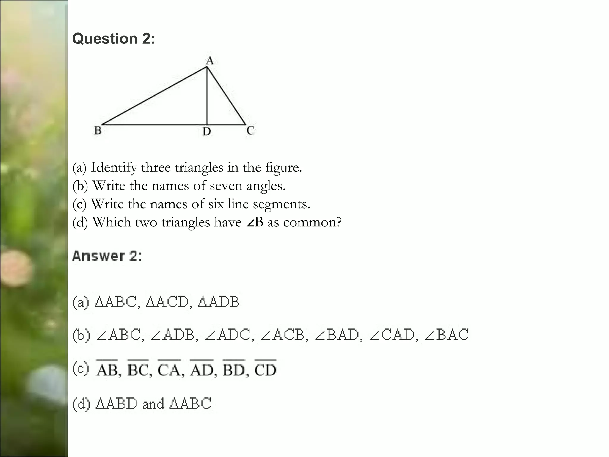Question 2:
(a) Identify three triangles in the figure.
(b) Write the names of seven angles.
(c) Write the names of six line segments.
(d) Which two triangles have B as common?∠
 
