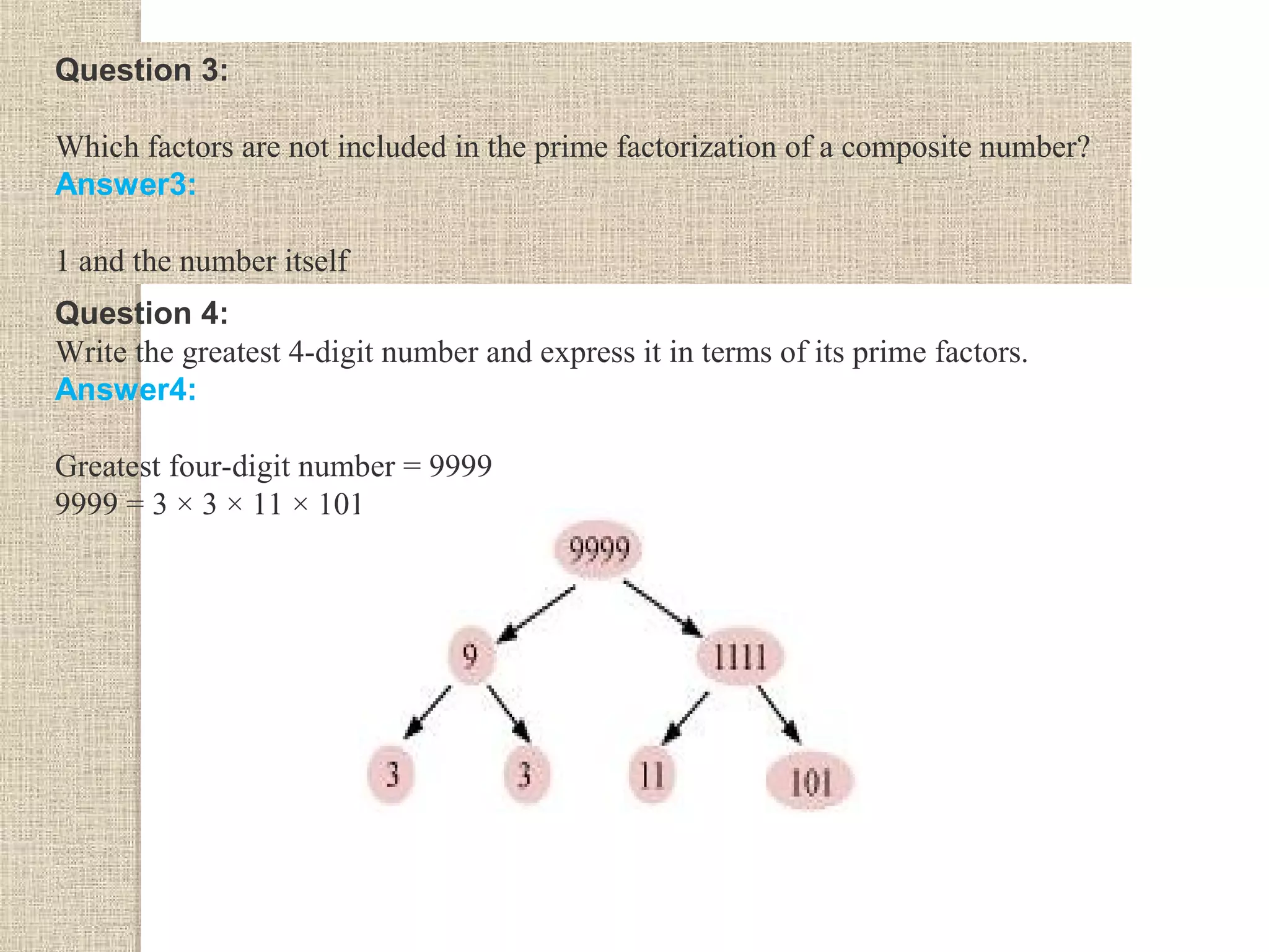 Question 3:
Which factors are not included in the prime factorization of a composite number?
Answer3:
1 and the number itself
Question 4:
Write the greatest 4-digit number and express it in terms of its prime factors.
Answer4:
Greatest four-digit number = 9999
9999 = 3 × 3 × 11 × 101
 