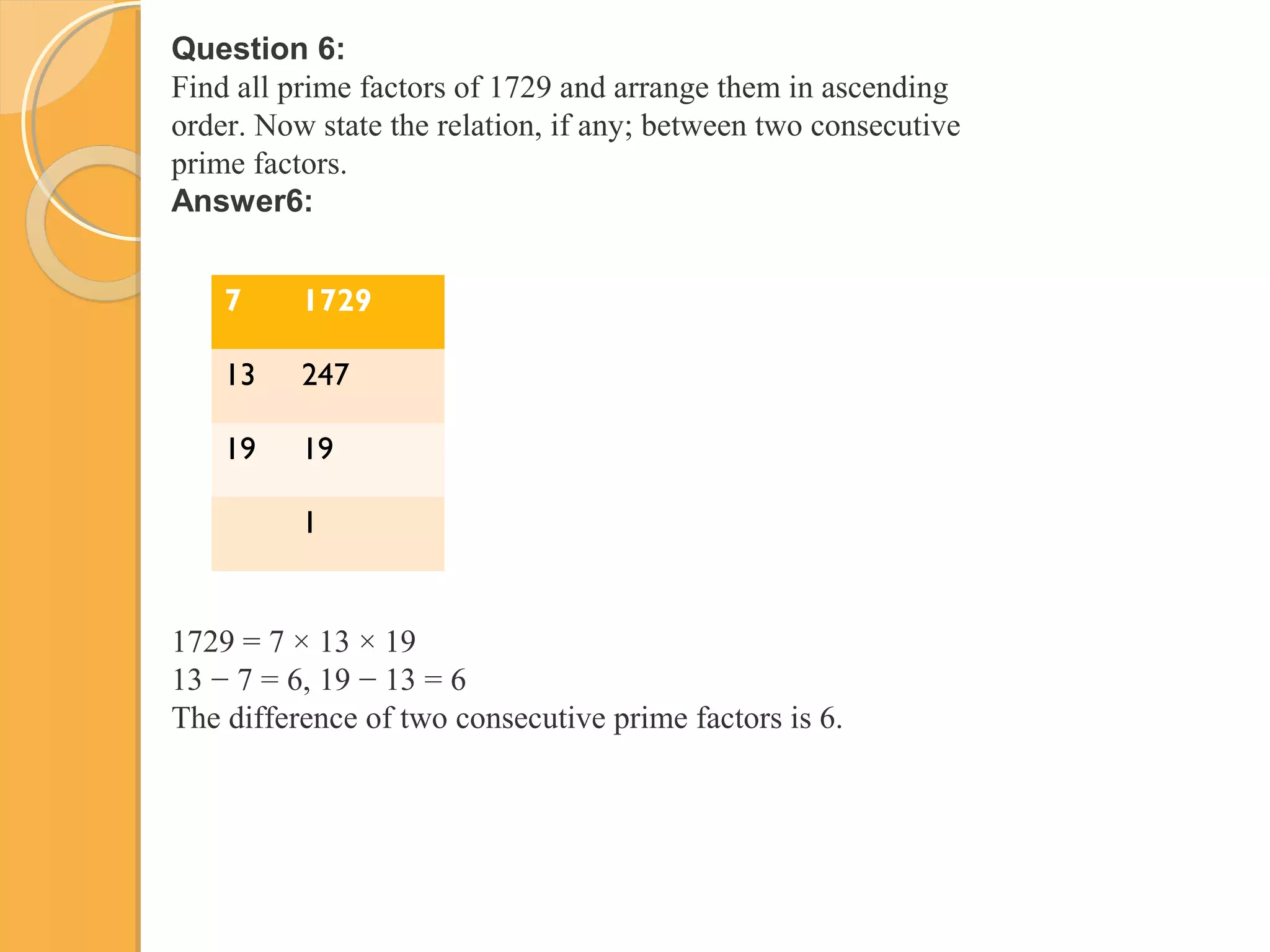 Question 6:
Find all prime factors of 1729 and arrange them in ascending
order. Now state the relation, if any; between two consecutive
prime factors.
Answer6:
7 1729
13 247
19 19
1
1729 = 7 × 13 × 19
13 − 7 = 6, 19 − 13 = 6
The difference of two consecutive prime factors is 6.
 