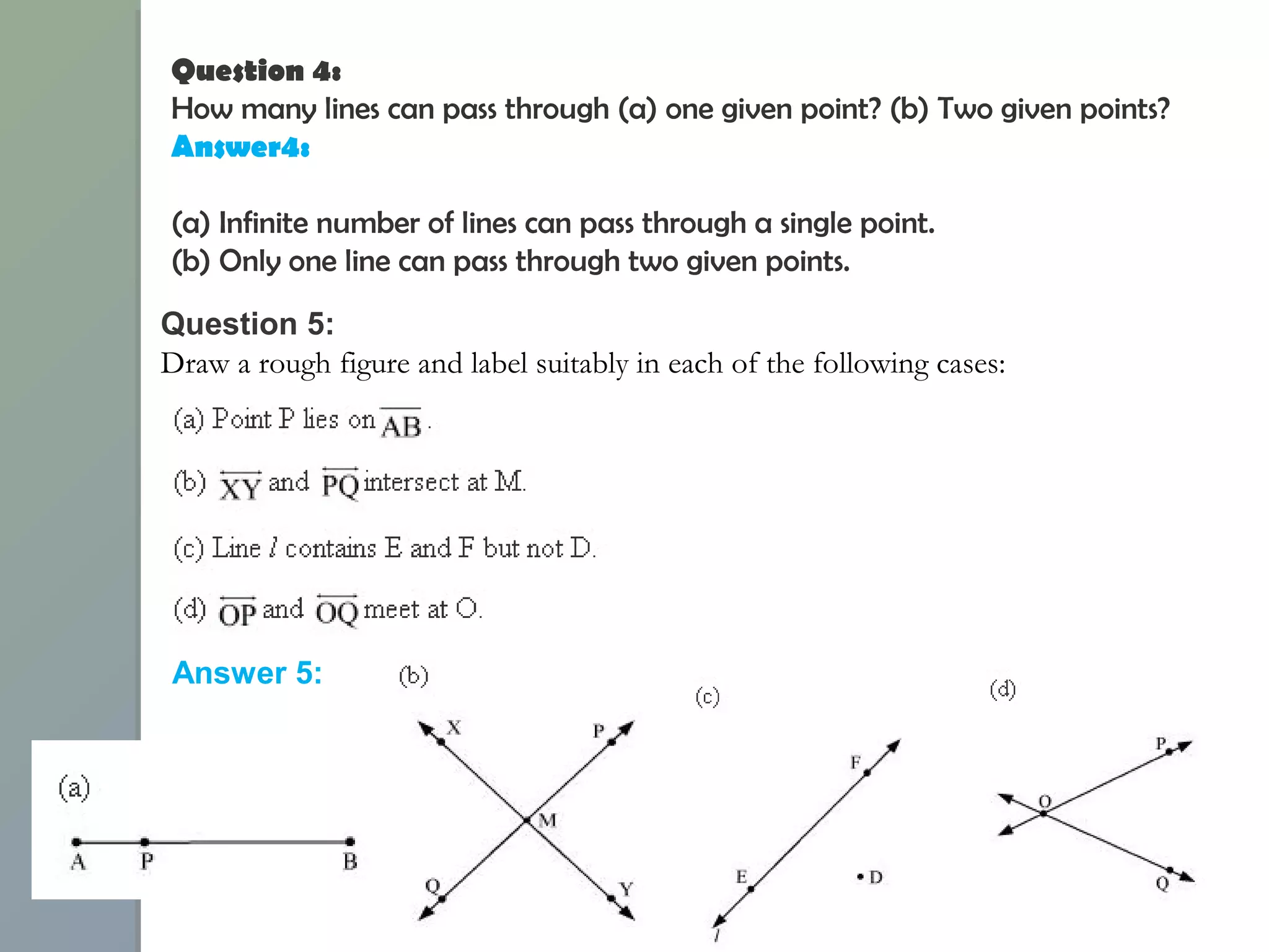 Question 4:
How many lines can pass through (a) one given point? (b) Two given points?
Answer4:
(a) Infinite number of lines can pass through a single point.
(b) Only one line can pass through two given points.
Question 5:
Draw a rough figure and label suitably in each of the following cases:
Answer 5:
 