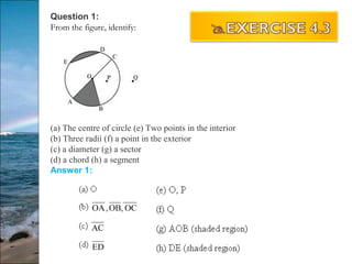 Question 1:
From the figure, identify:
(a) The centre of circle (e) Two points in the interior
(b) Three radii (f) a point in the exterior
(c) a diameter (g) a sector
(d) a chord (h) a segment
Answer 1:
 