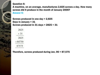 Question 6:
A machine, on an average, manufactures 2,825 screws a day. How many
screws did it produce in the month of January 2006?
Answer 6:
Screws produced in one day = 2,825
Days in January = 31
Screws produced in 31 days = 2825 × 31
Therefore, screws produced during Jan, 06 = 87,575
 