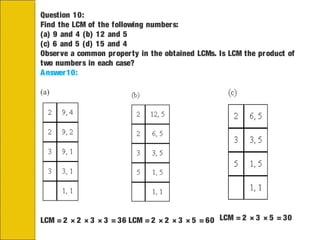 Question 10:
Find the LCM of the following numbers:
(a) 9 and 4 (b) 12 and 5
(c) 6 and 5 (d) 15 and 4
Observe a common property in the obtained LCMs. Is LCM the product of
two numbers in each case?
Answer10:
(a)
LCM = 2 × 2 × 3 × 3 = 36 LCM = 2 × 2 × 3 × 5 = 60 LCM = 2 × 3 × 5 = 30
 