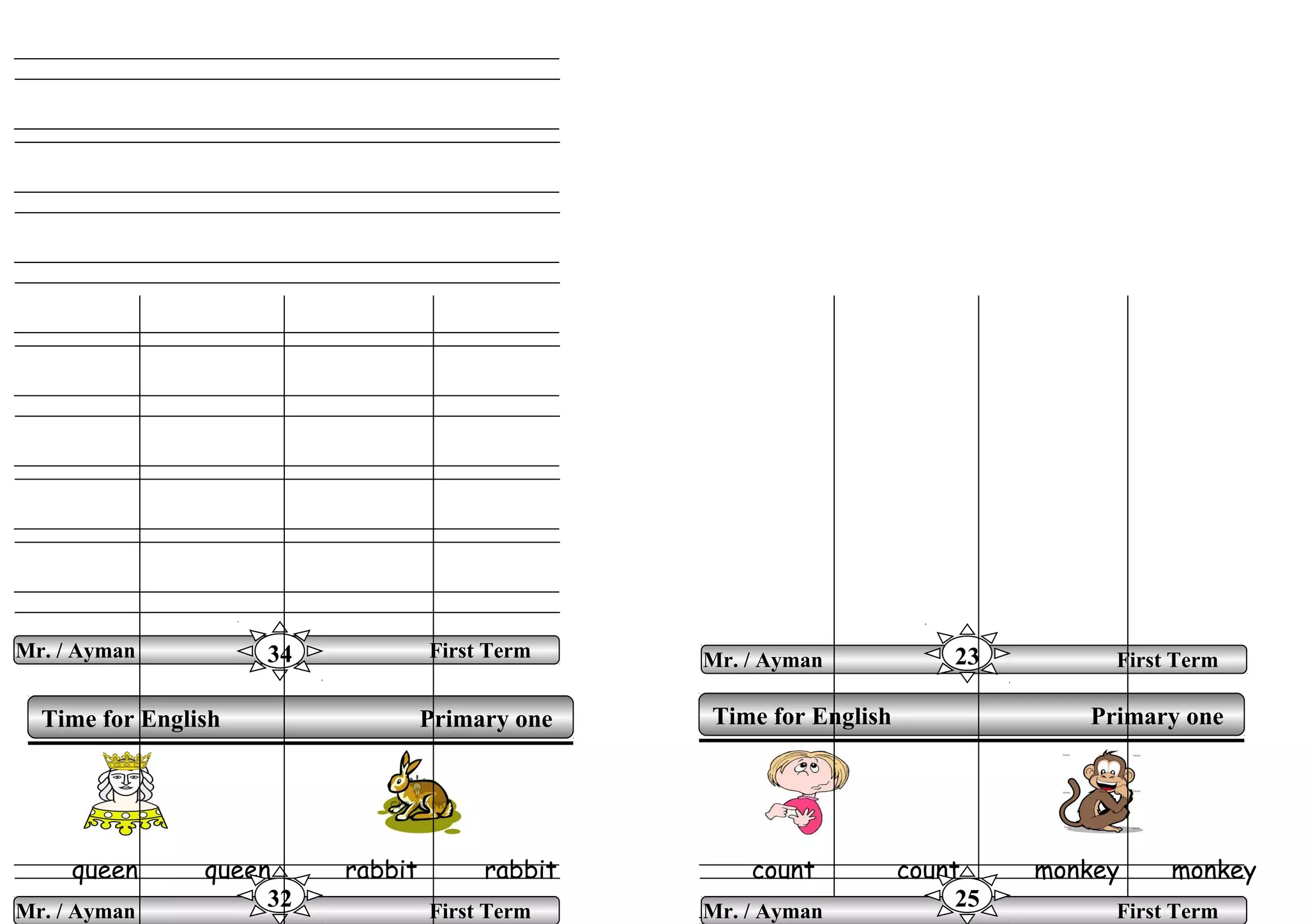 queen queen rabbit rabbit count count monkey monkey
Time for English Primary oneTime for English Primary one
Mr. / Ayman First Term34 Mr. / Ayman First Term23
Mr. / Ayman First Term
32 Mr. / Ayman First Term
25
 
