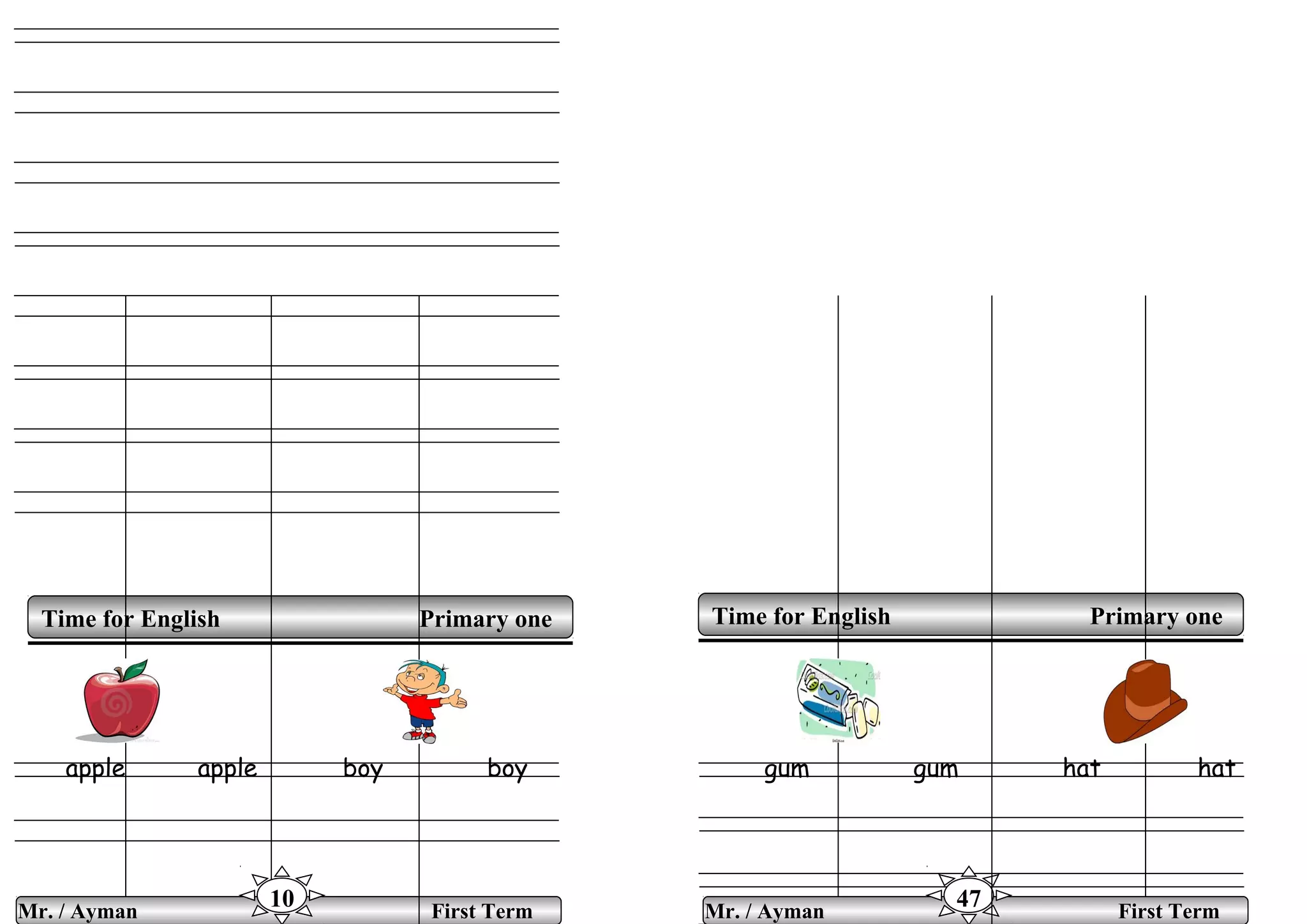 apple apple boy boy gum gum hat hat
Time for English Primary oneTime for English Primary one
Mr. / Ayman First Term
10 Mr. / Ayman First Term
47
 