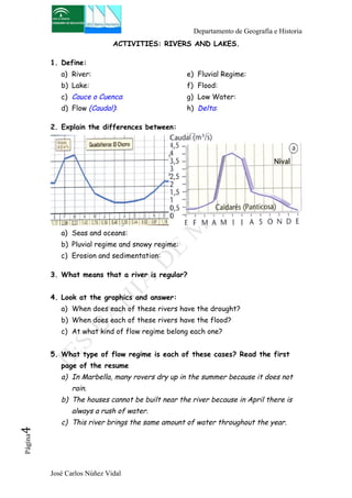 Departamento de Geografía e Historia 
ACTIVITIES: RIVERS AND LAKES. 
1. Define: 
a) River: 
b) Lake: 
c) Cauce o Cuenca: 
d) Flow (Caudal): 
José Carlos Núñez Vidal Página4 
e) Fluvial Regime: 
f) Flood: 
g) Low Water: 
h) Delta: 
2. Explain the differences between: 
a) Seas and oceans: 
b) Pluvial regime and snowy regime: 
c) Erosion and sedimentation: 
3. What means that a river is regular? 
4. Look at the graphics and answer: 
a) When does each of these rivers have the drought? 
b) When does each of these rivers have the flood? 
c) At what kind of flow regime belong each one? 
5. What type of flow regime is each of these cases? Read the first 
page of the resume 
a) In Marbella, many rovers dry up in the summer because it does not 
rain. 
b) The houses cannot be built near the river because in April there is 
always a rush of water. 
c) This river brings the same amount of water throughout the year. 
 
