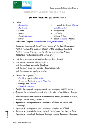 Departamento de Geografía e Historia 
UNIT 4.RECONQUISTA. 
KEYS FOR THE EXAM (you have to know…): 
- Define: 
• Reconquista: 
• Repoblación: 
• Courts: 
• Mesta: 
• Council (Consejo): 
• Parias: 
José Carlos Núñez Vidal Página1 
• Letters of Settlement (Cartas 
de Poblamiento): 
• Jurisdictions: 
• Latifundio: 
• Military Orders: 
• Jewish (Judería) o Aljama: 
- Define and Compare Mozárabe with Mudéjar/Moriscos. 
- Recognize the maps of the different stages of the Spanish conquest. 
- Point in the map the territory of each of the peninsular Kingdoms. 
- Point in the map the European territories conquered by Aragon. 
- Recognizes the Romanesque and Gothic art. 
- List the advantages contained in a letter of settlement. 
- List some of the main military orders. 
- List the medieval peninsular kingdoms. 
- List the most important works of Romanesque style. 
- List the reason for medieval courts. 
- Explain the origin of: 
• Castilla as a county of Asturias. 
• Aragon and Catalonia as marca Hispanica. 
• Portugal from Castilla. 
• Camino de Santiago. 
- Explain the cause of the progress of the reconquest in XIII century. 
- Compare the social and economic characteristics of Castilla and Aragon 
- Explain who was and what did characters like Borrel, Wilfredo el velloso, 
Rodrigo Díaz de Vivar, Alfonso X… 
- Appreciate the importance of the battles of Navas de Tolosa and 
Covadonga. 
- Appreciate the importance of the unequal distribution of land. 
- Appreciate the contribution of each of the cultures that lived in Spain. 
- Appreciate the role of Camino de Santiago to bring European influences. 
 