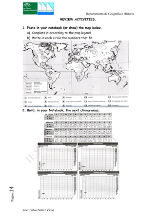 Departamento de Geografía e Historia 
José Carlos Núñez Vidal Página14 
REVIEW ACTIVITIES. 
1. Paste in your notebook (or draw) the map below. 
a) Complete it according to the map legend. 
b) Write in each circle the numbers that fit. 
2. Build, in your Notebook, the next climogramas. 
 