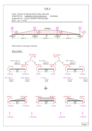 8.00 m8.00 m8.00 m
H.W 5
CE525 THEORY OF MATRIX STRUCTURAL ANALYSIS
SUBMITTED BY : KAMARAN SHEKHA ABDULLAH 201568536
DATE : 23 / 11 / 2016
Determination of all support reactions
SOLUTION :
6 kN/m
I 2I I
1
5
2
6
3
7
4
8
1
Page 1
25.60 kN.m
-4.80 kN -19.20 kN
+25.6 kN.m
3
25.60 kN.m
-19.2 kN -4.80 kN
-25.6 kN.m
2
48.00 kN.m
-24 kN -24 kN
+48 kN.m- 48 kN.m
8 m 8 m 8 m
+
1
+4.80 kN +19.20 kN
-25.6 kN.m
3
+19.2 kN +4.80 kN
+25.6 kN.m
2
+24 kN +24 kN
-48 kN.m+ 48 kN.m
8 m 8 m 8 m
0 kN.m0 kN.m
+4.80 kN +43.20 kN +43.20 kN +4.80 kN
- 22.4 kN.m +22.4 kN.m
p left = WL /10
= 6*8 / 10
=4.80 kN
p right = WL /2.5
= 6*8 / 2.5
=19.2 kN
P = WL /2
= 6*8 /2
=24 kN
P left = WL /2.5
= 6*8 / 2.5
=19.2 kN
P right= WL /10
= 6*8 / 10
=4.80 kN
 