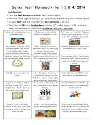 Senior Team Homework Term 3 & 4, 2014
Each fortnight:
 Complete TWO homework activities from the table below.
 Aim to use ONE page per activity. If you have photos, diagrams or graphs it maybe 2 pages.
 Do your BEST work and remember your book standards at all times.
 Remember to fill in your Reading Log (minimum of 5 reading sessions of 20 minutes per
week) and remember to participate in Mathletics (1000 points per week).
Make as many words as you can from
HORRIBLE HISTORIES.
What animals were symbolically
important to the Caveman culture?
Draw a picture of a home from the people
you are studying. What would it look like
inside? What would it look like outside?
Make a glossary of common English
words that originally came from the
Norse or Viking culture. Is their
meaning the same or different now?
Make a mind map of connections
between the culture you are studying
and now. Where to do see
evidence? On T.V, books, movies?
Create a diorama that shows what it looked
like where/when your culture lived.
Design and create a piece of jewellery
that was worn by the Native Americans.
Design a weapon that someone from
the Viking culture would have used
(Sword, shield etc.).
Dress up as a person from the culture you
are studying. Take a photo of yourself and
include arrows/bubbles that explain you
choices.
Write 10 ways to avoid getting the
plague.
Plan a 7 day trip to the area your
studying to see the sights and see
artifacts in a museum. Include: flights,
accommodation and places to visit.
Design and create a set of 10 Quiz cards
about cowboys and Native Americans.
Imagine you are a 10-year-old child
from your "Horrible History". Write a
descriptive diary entry of a 'day in your
life'. You will need to research this.
Create a word search or crossword
about the culture from your “horrible
histories”.
Research the history of an antibiotic, e.g.,
penicillin. How did life change before and
after its invention?
Research a piece of technology
developed by the Aztecs. Explain what,
when, and where it was developed and
how it was used.
Using a T-chart, compare an Aztec
pyramid with an Egyptian pyramid.
Write a narrative about a place and time
from the “horrible histories” culture you are
studying. Remember to include a setting,
characters, a problem and a solution.
 