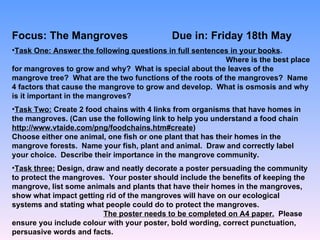 Focus: The Mangroves                        Due in: Friday 18th May
•Task One: Answer the following questions in full sentences in your books.
                                                           Where is the best place
for mangroves to grow and why? What is special about the leaves of the
mangrove tree? What are the two functions of the roots of the mangroves? Name
4 factors that cause the mangrove to grow and develop. What is osmosis and why
is it important in the mangroves?
•Task Two: Create 2 food chains with 4 links from organisms that have homes in
the mangroves. (Can use the following link to help you understand a food chain
http://www.vtaide.com/png/foodchains.htm#create)
Choose either one animal, one fish or one plant that has their homes in the
mangrove forests. Name your fish, plant and animal. Draw and correctly label
your choice. Describe their importance in the mangrove community.
•Task three: Design, draw and neatly decorate a poster persuading the community
to protect the mangroves. Your poster should include the benefits of keeping the
mangrove, list some animals and plants that have their homes in the mangroves,
show what impact getting rid of the mangroves will have on our ecological
systems and stating what people could do to protect the mangroves.
                         The poster needs to be completed on A4 paper. Please
ensure you include colour with your poster, bold wording, correct punctuation,
persuasive words and facts.
 