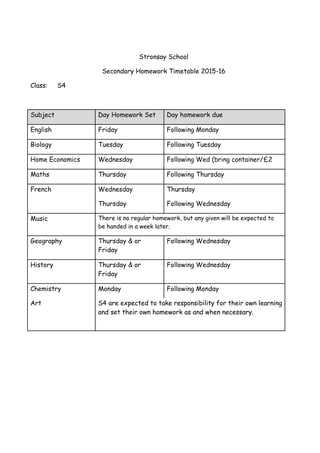 Stronsay School
Secondary Homework Timetable 2015-16
Class: S4
Subject Day Homework Set Day homework due
English Friday Fo...