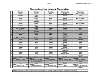 Homework timetable 2011-12