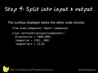 Step 4: Split into input & output
•


•   The surface displayer takes the other code chunks
    •     from Axon.Component import component
    •
          class SurfaceDisplayer(component):
            displaysize = (800,600)
            imagesize = (352, 288)
            imageorigin = (0,0)




        http://www.kamaelia.org/PragmaticConcurrency   sparks.m@gmail.com
 