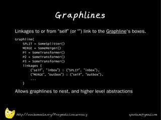 Graphlines
•   Linkages to or from “self” (or “”) link to the Graphline's boxes.
•   Graphline(
        SPLIT = SomeSplitter()
        MERGE = SomeMerger()
        P1 = SomeTransformer()
        P2 = SomeTransformer()
        P3 = SomeTransformer()
        linkages {
            (“self”, “inbox”) : (“SPLIT”, “inbox”),
            (“MERGE”, “outbox”) : (“self”, “outbox”),
            ...
        }

•
    Allows graphlines to nest, and higher level abstractions



    http://www.kamaelia.org/PragmaticConcurrency            sparks.m@gmail.com
 