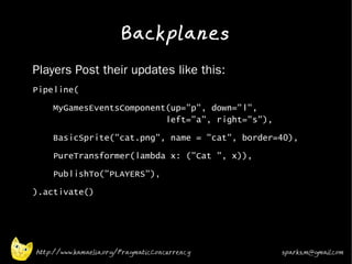 Backplanes
•   Players Post their updates like this:
•   Pipeline(
•       MyGamesEventsComponent(up="p", down="l",
                              left="a", right="s"),
•       BasicSprite("cat.png", name = "cat", border=40),
•       PureTransformer(lambda x: ("Cat ", x)),
•       PublishTo("PLAYERS"),
•   ).activate()
•



•


•

    http://www.kamaelia.org/PragmaticConcurrency      sparks.m@gmail.com
 