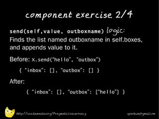 component exercise 2/4
•
    send(self,value, outboxname) logic:
    Finds the list named outboxname in self.boxes,
    and appends value to it.
•
    Before: X.send(“hello”, “outbox”)
       { “inbox”: [], “outbox”: [] }
•   After:
             { “inbox”: [], “outbox”: [“hello”] }

•


      http://www.kamaelia.org/PragmaticConcurrency   sparks.m@gmail.com
 