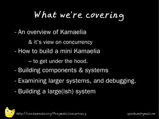 What we're covering

•   - An overview of Kamaelia
         •   & it's view on concurrency
•   - How to build a mini Kamaelia
         •   – to get under the hood.
•   - Building components & systems
•   - Examining larger systems, and debugging.
•   - Building a large(ish) system


    http://www.kamaelia.org/PragmaticConcurrency   sparks.m@gmail.com
 