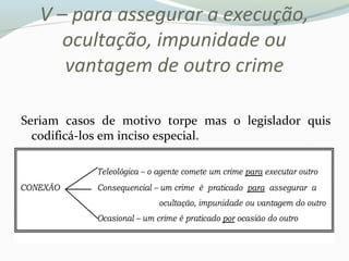 V – para assegurar a execução,
ocultação, impunidade ou
vantagem de outro crime
Seriam casos de motivo torpe mas o legislador quis
codificá-los em inciso especial.
 
