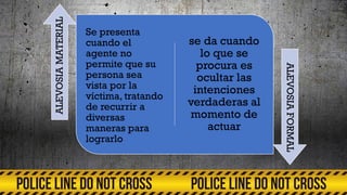 Se presenta
cuando el
agente no
permite que su
persona sea
vista por la
víctima, tratando
de recurrir a
diversas
maneras para
lograrlo
se da cuando
lo que se
procura es
ocultar las
intenciones
verdaderas al
momento de
actuar
ALEVOSIAMATERIAL
ALEVOSIAFORMAL
 