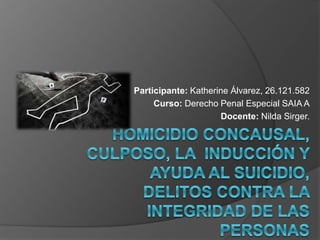 Participante: Katherine Álvarez, 26.121.582
Curso: Derecho Penal Especial SAIA A
Docente: Nilda Sirger.
 