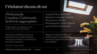 I Visitatori dicono di noi
«Partecipo a HOMI per incontrare
direttamente le aziende del settore,
conoscere le tendenze e confrontarmi
con gli altri operatori»
Survey MPS – customer satisfaction
«Raggiungibile, ben organizzata e con
un lay-out funzionale ed efficace»
«Professionale,
Completa, Confortevole,
facilmente raggiungibile»
«Apprezzo la varietà di offerta dei
prodotti esposti, la possibilità di
conoscere le novità e di vedere dal
vivo i prodotti”
«I punti di forza di HOMI?
Spazi ben concepiti, fruibilità
dei percorsi, aziende
all’avanguardia, ottimo legame
con la realtà commerciale»
PROFILO DEI VISITATORI09fieramilanoHOMI Outdoor Home&Dehors Exhibition 2020
 