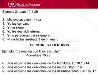 Ejemplo 2: Juan 10:1-29

3.   Mis ovejas oyen mi voz
4.   Yo las conozco
5.   Y me siguen
6.   Yo les doy vida eterna
7.   Y no perecerán para siempre
8.   Ni nadie las arrebatará de mi mano
                    SERMONES TEMÁTICOS
Ejemplo: “La oración que Dios escucha”
                Proverbios 15:29

4. Dios escucha las oraciones de los humildes. Lc 18:13-14
5. Dios escucha las oraciones de los rectos. Stgo 5:16
6. Dios escucha las oraciones de los desamparados. Sal 102:17
 