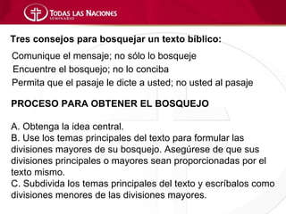 Tres consejos para bosquejar un texto bíblico:
Comunique el mensaje; no sólo lo bosqueje
Encuentre el bosquejo; no lo conciba
Permita que el pasaje le dicte a usted; no usted al pasaje

PROCESO PARA OBTENER EL BOSQUEJO

A. Obtenga la idea central.
B. Use los temas principales del texto para formular las
divisiones mayores de su bosquejo. Asegúrese de que sus
divisiones principales o mayores sean proporcionadas por el
texto mismo.
C. Subdivida los temas principales del texto y escríbalos como
divisiones menores de las divisiones mayores.
 